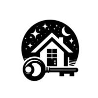 Dream Home Key A minimalist black and white featuring a house under a starry night sky with a large key, symbolizing homeownership. vector