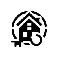 Minimalist Black and White Depicting a House Inside a Circle, Surrounded by a Key and Circular Arrow, Representing Real Estate and Home Improvement vector