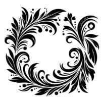 Black and White Floral Wreath Elegant, Symmetrical, and Decorative Arrangement with Leaves, Curls, and Dots on White Background. vector