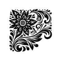 Intricate Black and White Floral Corner with Ornate Swirls and Leafy Tendrils on a White Background, Ornamental Pattern. vector