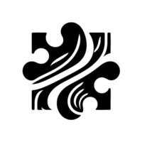 A symmetrical black and white of a jigsaw puzzle piece, adorned with stylized, flowing wave patterns. vector