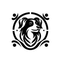 Stylized, symmetrical, black and white of a friendly Border Collie dogs head within a geometric circular frame, decorative accents. vector