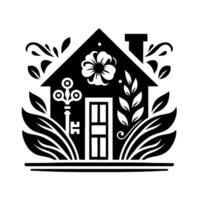Stylized black white illustration of a house with a floral , key, and foliage, evoking themes of home and nature. vector