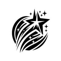 Black and white of a stylized star within a circular burst, surrounded by smaller star accents. vector
