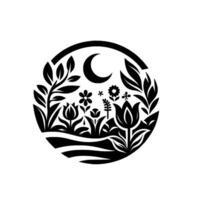 Black and white botanical emblem stylized crescent moon over a garden of stylized flowers and foliage, set within a circle. vector