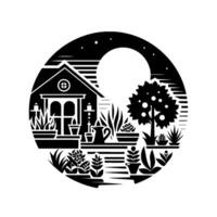Intricate, monochrome illustration of a home nestled in a circular garden at night, under a full moon, with potted plants and starry sky. vector