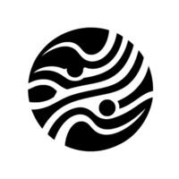 A striking minimalist black and white composition, circular, featuring fluid, wavelike patterns, and two circular accent points. vector