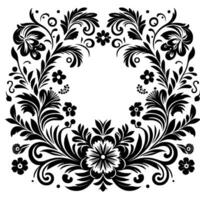 Symmetrical floral black and white , intricate patterns of flowers, leaves, and swirls creating a decorative frame. vector