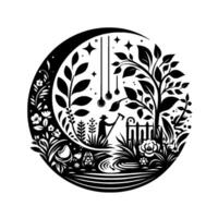 Whimsical Garden Scene in a Crescent Moon Gardener, Flora, and Symbolic Celestial Elements in a Circle vector