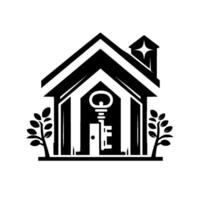 Monochromatic Illustration House with Key as Door and Small Trees Embellishment, Symbolizing Home Ownership vector