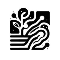 Abstract Black White Square Composition Featuring a Stylized Plant with Leaf, Vines, and Curved Lines, and Subtle Dot Accents. vector