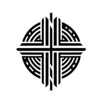 Geometric Black and White Composition A symmetrical cross within a circle, constructed from linear elements, creating a modern, minimalist . vector