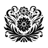 Symmetrical Black White Floral with Two Daisylike Blooms, Surrounded by Elaborate Scrollwork and Leaf Patterns. vector