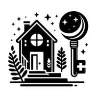 Whimsical black and white illustration of a house with a celestial key, plants, and stars, suggesting home and dreams. vector