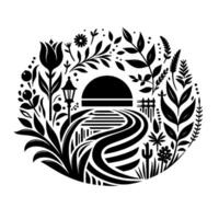 Black and White Circular Illustration of a Serene Garden Path Leading to a Gate, Surrounded by Lush Foliage and a Lantern. vector