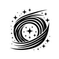 Black and white swirling with concentric lines framing a star field, creating a minimalist celestial artwork. vector