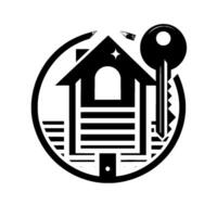 Simplified Monochromatic Real Estate Featuring a House Silhouette with Glowing Star, Key, and Enclosing Circle, Suggesting Home Ownership. vector
