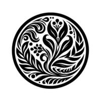 Intricate Black and White Floral Mandala Symmetrical Botanical Encased in a Circular Frame, Featuring Leaves and Berries. vector