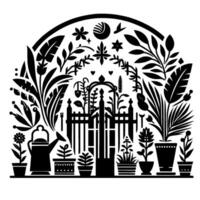 Black and white garden illustration featuring a gate, potted plants, and arch of stylized foliage, creating a harmonious scene. vector