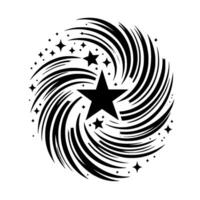 A swirling vortex of black lines and stars, creating a dynamic, minimalist abstract on a white background. vector