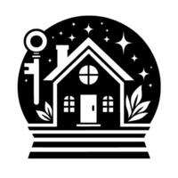Black and white illustration of a house, key, and stars inside a snow globe, suggesting homeownership and security. vector