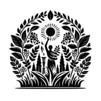 A symbolic black and white illustration of a figure reaching for the sun, surrounded by foliage, floral elements and stylized landscape elements. vector