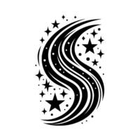 Elegant black and white , a swirling Sshape formed by flowing lines and adorned with stars and dots, creating a cosmic and dynamic aesthetic. vector