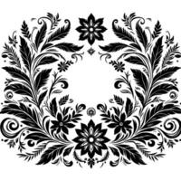 Intricate Floral Ornament in Black and White Symmetric with Flowers, Leaves, and Swirls, Ideal for Decorative and Symbolic Applications. vector