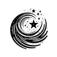 A swirling black and white starburst with multiple stars, a circular motion, and a clean aesthetic. vector