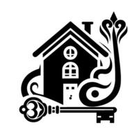 Stylized Black and White Art House with a Key and Decorative Flourishes, Representing Home, Security, and Access. vector