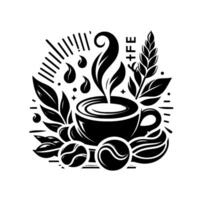 Stylized Black and White Coffee Illustration with a Cup, Steam, Beans, Leaves, and Wheat, Celebrating the Beverage. vector