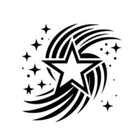Black and White Starburst with a Central White Star Surrounded by Curving Lines and Scattered Star Elements on a White Background. vector
