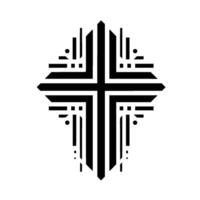 Geometric Cross in Black and White, Featuring Lines, Rectangles, and Dots on a Solid Background. vector