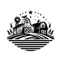 Rustic Black and White Farm Illustration Barns, Windmill, Wheat, Stars, and Fields, within a Circular . vector