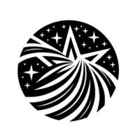 Black and white circular emblem with a stylized star bursting with lines, surrounded by smaller star shapes, creating a dynamic, . vector