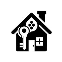Black and white house with a key, stylized with geometric shapes, and abstract elements. vector