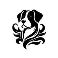 Elegant Black and White Dog Portrait with Ornamental Flourishes, Isolated on White Background, Expressing Loyalty. vector