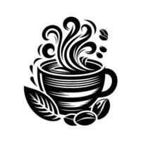 Stylized Black and White Coffee Illustration Featuring a Steaming Cup, Coffee Beans, and Leaf Elements on White Background. vector