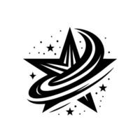 Dynamic Starburst Bold Black Star with Orbiting Swirls Scattered Stars on White, Modern . vector