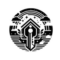 A stylized black and white circular illustration featuring a key merged with a house under a rainbow and starry sky, suggesting home ownership. vector