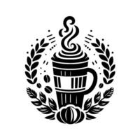 Illustration of a Latte Adorned with Whipped Cream, Surrounded by Laurel Wreath and Coffee Beans, in Black and White. vector
