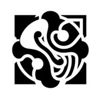 Abstract black and white symmetrical with swirling lines, geometric shapes, and a square frame, creating a modern and stylized aesthetic. vector