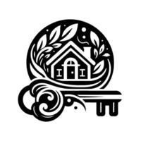Artistic Real Estate Silhouette of a House within a Circle Frame, integrated with a Key, surrounded by Leaves, in Black and White. vector