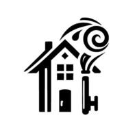 A stylized black and white housekey , depicting a home with key, chimney smoke swirls, and abstract elements. vector
