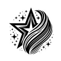 Dynamic Monochrome Starburst A Geometric Black Star with Flowing Lines and Sparkling Stellar Elements on a White Background. vector