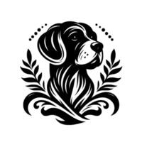 Elegant Black and White Dog Portrait in Ornamental Frame with Laurel Leaves and Decorative Elements. vector