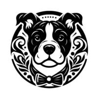 Elegant Black and White Dog Portrait in a Decorative Circular Frame with Bowtie, Artistic . vector