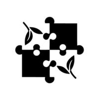 Abstract EcoPuzzle Black and white illustration of four jigsaw pieces with nature elements, representing environmental unity and integration. vector