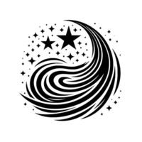 Black and white stylized illustration of a swirl of lines emanating from stars in a circular formation, creating a dynamic celestial pattern. vector