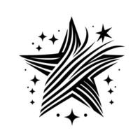 Striking Black and White Starburst with Textured Lines and Scattered Geometric Star Accents on a White Background. vector